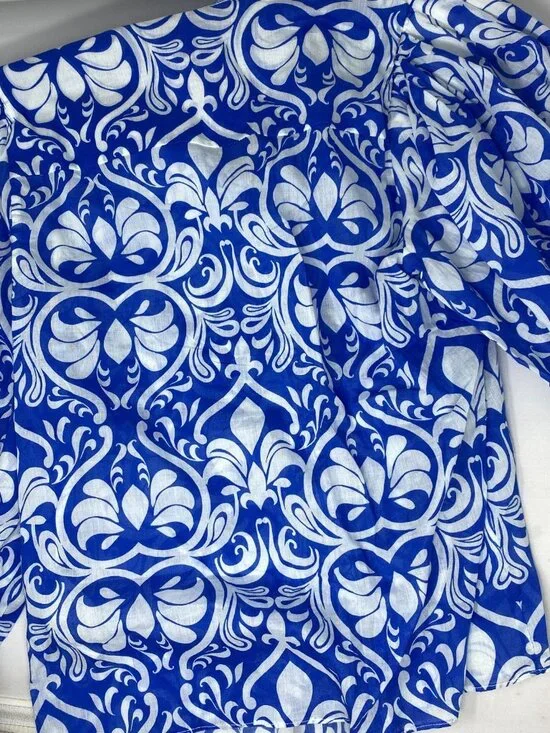 Alice + Olivia April Soiree True Blue Printed Cotton Blouse Large NWT $375 - Picture 12 of 12